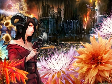 Flower Dream - skyline, flower, tower, scenery, fantasy, city, scenic, brown hair, anime, skyscraper, cg, female, kimono, japanese clothes, cute, beautiful, hot, girl, abstract, anime girl, light, 3d, pretty, mask, beauty, sweet, night, town, green eye, long hair, building, nice, sexy, scene, house, horn