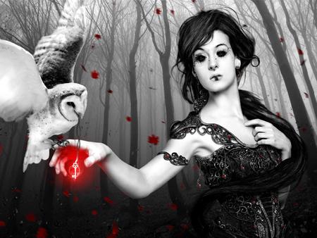 Gothic Women - red, women, key, gothic, owl