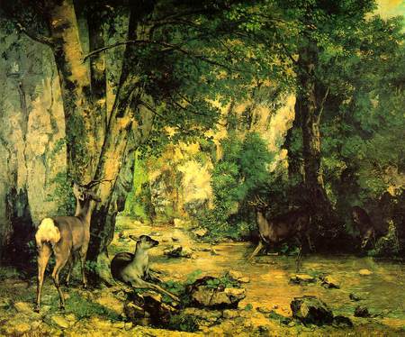 Deers by Gustave Courbet - deers, trees, wood, hazy sunlight, rocks