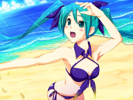 Hatsune Miku - pretty, brown, sky blue, nice, program, hot, tan, beauty, virtual, san, model, cute, aqua eyes, sexy, vocaloid, anime, blue, twintail, beach, hatsune miku, aqua, purple, bikini, sky, idol, clouds, swimsuit, water, beautiful, sea, girl, cool, ocean, miku, awesome, diva, aqua hair, hatsune, vocaloids