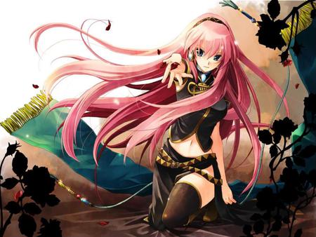 Megurine Luka - nice, beauty, aqua, headset, thighhighs, black, rose, virtual, brown, pretty, cool, megurine luka, idol, anime, aqua eyes, megurine, cute, luka, girl, pink hair, plants, vocaloids, microphone, headphones, vocaloid, blue, pink, beautiful, awesome, flowers, diva, black rose