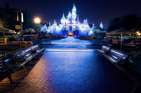 Sleeping Beauty's Winter Castle - abstract, disneyland, winter, decoration, blue, photography, fantasy, lights, castle