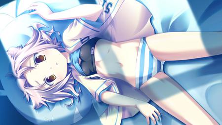 Good Night - anime, bed, white, blue, girl, white hair