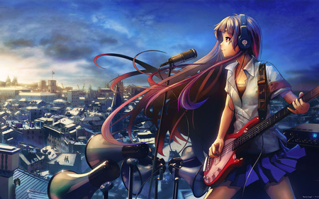 Listen to the Music - sky, houses, girl, people, guitar, roofs, hair, sun, music, cloud, house