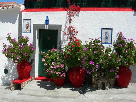 Flowers House -  Greece - flowers, house, pots, beautiful, red, small, art photo