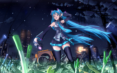 Lot of leeks - grass, hatsune miku, night, stars, tree, leeks, miku, blue hair, leek