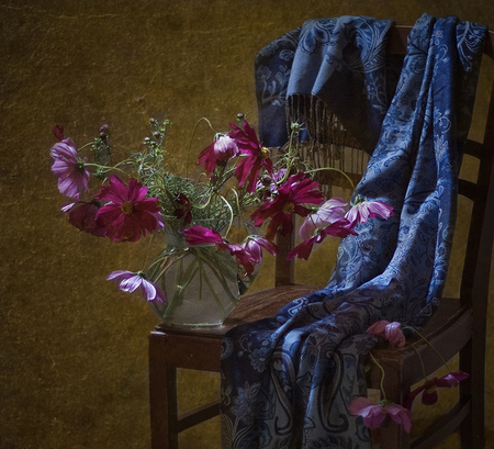 blue - lilac still life - art photo, chear, blue, beautiful, water, shawl, flowers, glass vase