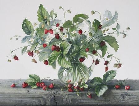 Strawberry Bouquet - wood, painting, strawberries, glass, water, leaves, vase