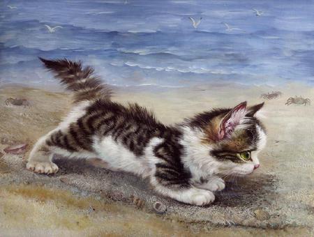 The Waiting Game - water, beach, seagulls, sand, crabs, playful, shells, kitten, painting