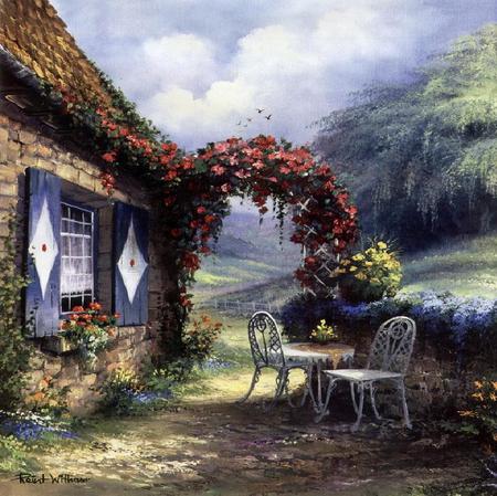 Peace and Quiet - sky, windows, hills, trees, chairs, arch, roof, relaxation, clouds, table, house, trellis, flowers, grass