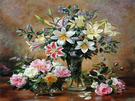 For Luiza - vase, arrangements, table, friendship, petals, bouquets, leaves, bowl, painting, floral, glass