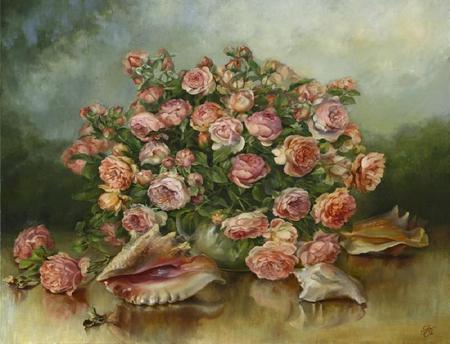 Roses & Shells - roses, pink, bouquet, small, arrangement, painting, mauve, shells