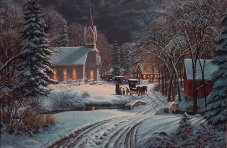 His Heavenly Light - trees, families, snow covered, stream, road, horses, chapel, service, bridge, houses, winter, night, togetherness, jolly, bird, cardinals, town, buggies, quite, small, pines, lights, barn