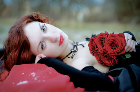 Red roses - beauty, girl, roses, red