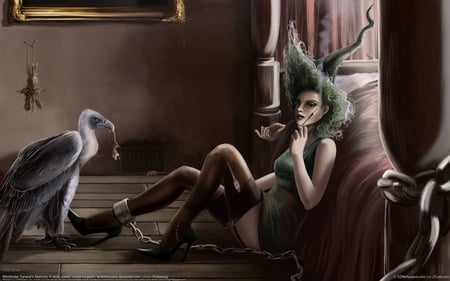 Cannt run u Witch - slave, rat, hot, hat, fantasy, brown, art, dark, green, smoking, fantasy girl, sexy, bird, chains, witch, abstract, eagle, 3d, beautiful, horrible, babe