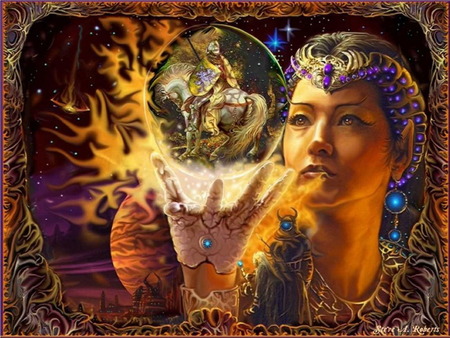 Crystal Ball - colorful, sorceress, magic, woman, seer, spell, crystal ball, knight