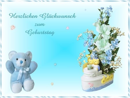 Happy Birthday - happy birthday, blue, geburtstag, teddy bear, flower, birthday