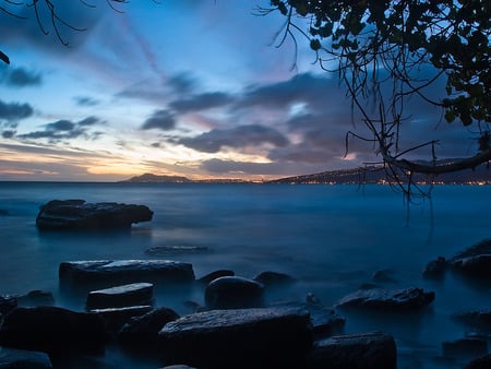 Sunrise at Portlock - rock beach, blue, beach, sunrise, photo