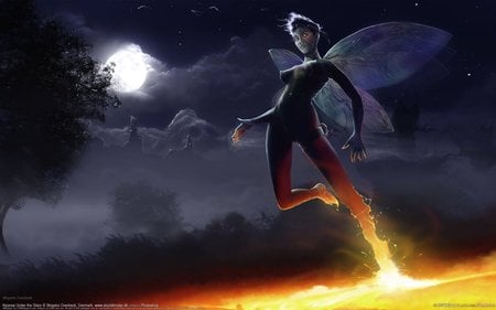 Fire Fairy - moon, fantasy, fire, fairy, sky