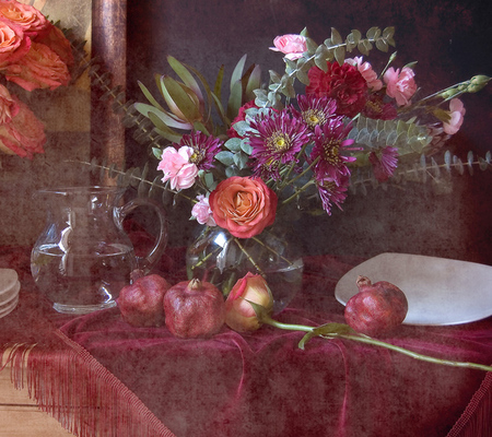 still life 1 - fruits, water, glass vase, fullcolours, art photo, beautiful, table, flowers, shawl, glass pot