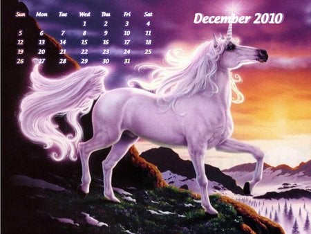 Unicorn calendar december 2010 - calendar, december 2010, sunset, nature, unicorn