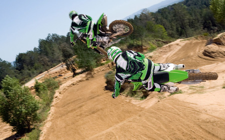 two in the air - kawasaki, bikes, motocross, race