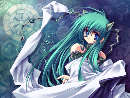 Aoi Yugi - aqua, sexy, hot, cat, girl, aqua hair, catgirl, ears, white, blue, clock, anime, animal, aqua eyes, dress, cat ears