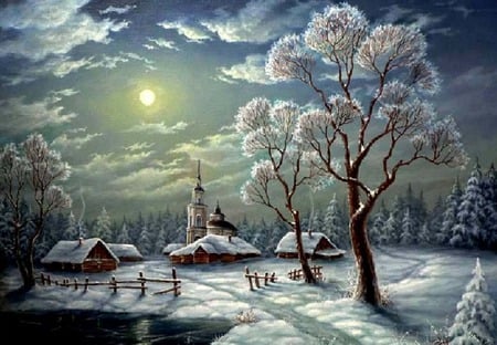 Frosty Moonlight - trees, peaceful, colorful, full moon, clouds, color, house, tree, pond, moon, steeple, winter, lovely, church, snow, beautiful, splendor