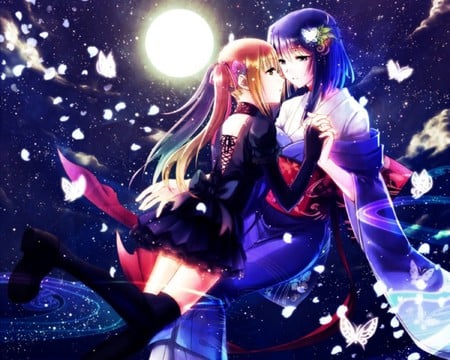 Moon Maiden - pretty, star, female, wing, scenery, seitsuji, scene, night, space, japanese clothes, akai ito, nice, abstract, hot, thighhighs, beauty, kimono, petals, girls, holding hands, 2 girls, wings, wide sleeves, hair ornament, butterfly, cute, yumei, sexy, anime, blue, dress, long hair, short hair, hatou kei, sky, moon, anime girl, obi, twintails, beautiful, girl, scenic, sweet, moonlight, black, fantasy, cloud, night sky, yuri