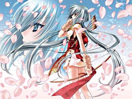 the archer spirit - anime, petals, blue hair, spirit archer