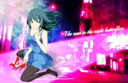 the road to the night butterflies - female, hot, magic, wings, anime girl, fantasy, heel, anime, neon light, cute, short hair, sexy, girl, high heel, magical, blue hair, neon, bright, abstract, butterfly, pink, wing, green eye, dress