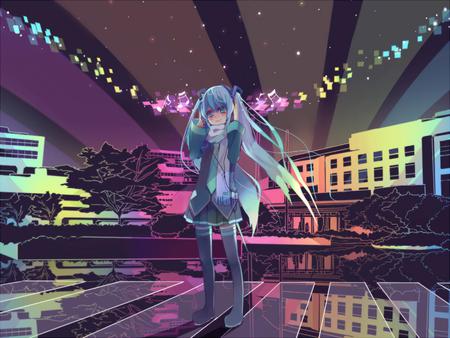 Rainbow World - pretty, headphones, rainbow, nice, thighhighs, city, beauty, white, scarf, cute, aqua eyes, song, vocaloid, anime, blue, twintail, hatsune miku, stars, music, aqua, sky, skirt, beautiful, cool, buildings, black, colorful, miku, awesome, aqua hair, hatsune, vocaloids, headset