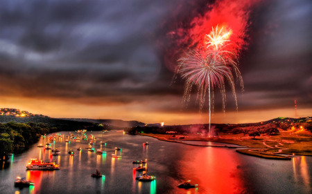 Celebration - colorful, water, red, reflection, fireworks