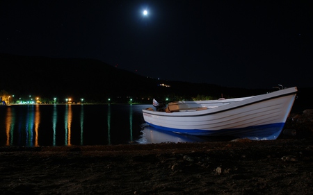 Moonlight - beach, boat, night, reflection, sand, moon, water, beautiful, lanterns, sea, beauty, lovely, moonlight, boats, nature, lights, peaceful