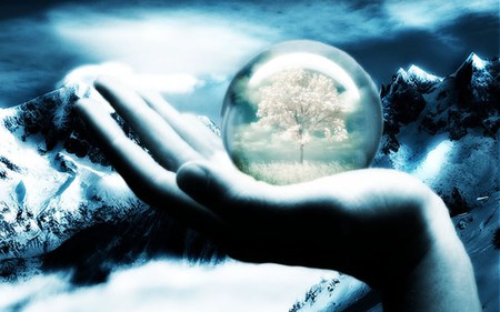 Winter in my hand - winter, black, fantasy, sesons, white, abstract, 3d, blue, snow, globe