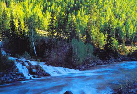 blue water - nature, forces, trees, blue, water, rock, grass, waterfall