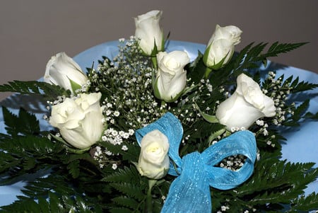 White rose bouquet.jpg - white, blue, bouquet, flowers, rose