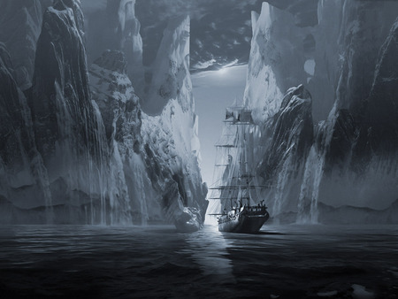 Between Icebergs and Rocks - water, huge icebergs, sailing ship, pathway, dark