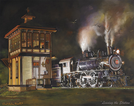 Leaving the Railway station - steam, locomotive, train, smoke, station building, iron wheels