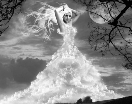 Lady Clouds - clouds, moon, nature, woman, tree