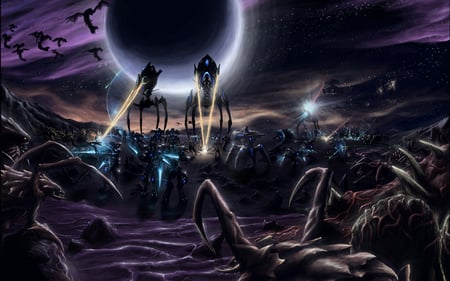 Starcraft II - War - stone, protoss, planet, bad, ship, laser, war, mutant, light, teraner, stars, dark, space, black, zerk