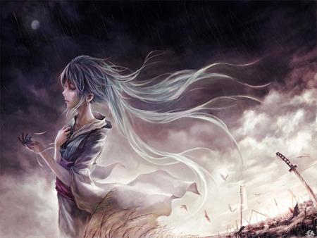 Hatsune Miku - pretty, birds, love is war, crow, hope, nice, program, crowdesu, sword, beauty, virtual, manga, white, gray, cute, aqua eyes, song, vocaloid, anime, twintail, dress, hatsune miku, music, aqua, katana, sky, idol, clouds, beautiful, girl, cool, miku, awesome, diva, aqua hair, hatsune, vocaloids