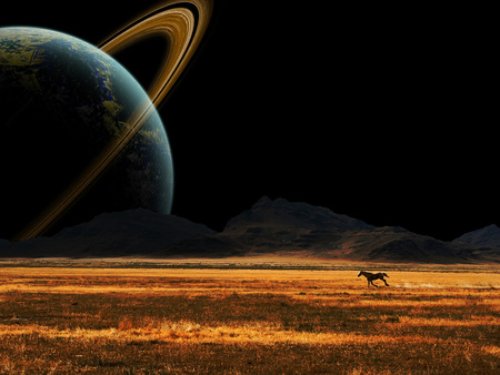 Planet fantasy - space, saturn, digital, field, horse