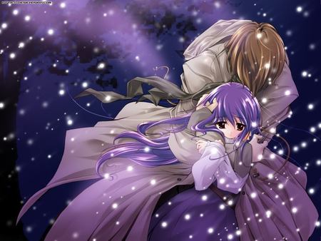 Please hold me - boy, anime, winter, purple, girl, snow