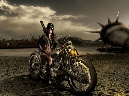 Post Apocalyptic - bike, fantasy, female, bullets, gun, artwork