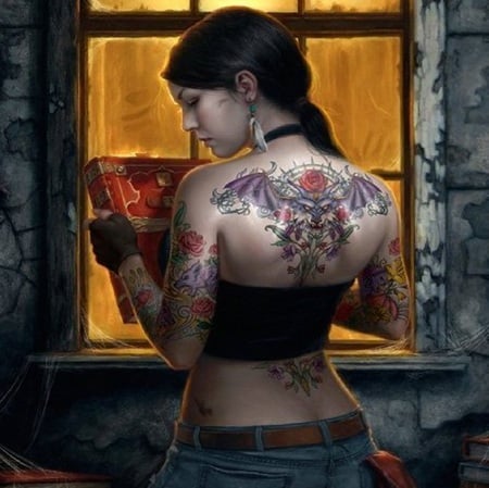 Choice - tattoo, belt, female, book, artwork, window, earring, beauty, glove, cobweb, fantasy