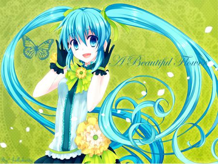 A Beautiful Flower - virtual, flower, miku, hatsune, cute, beautiful, vocaloids, song, girl, singer, program, aqua eyes, pretty, cool, aqua, beauty, lime, awesome, yellow, vocaloid, anime, twintail, diva, petals, nice, skirt, tie, aqua hair, idol, music, hatsune miku, green