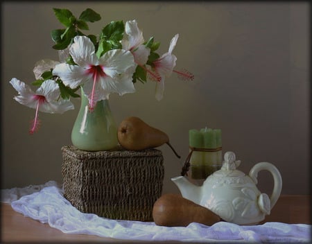 still life - nice, photography, bouquet, still life, box, cool, harmony, candle, drink, coffee, pear, tea, scarf, fruit, vase, beautiful, jug, flowers, photo, elegantly, flower