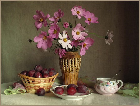 still life - nice, plums, soft, photography, bouquet, scarf, still life, fruit, vase, cool, pink, beautiful, flowers, photo, flower, harmony