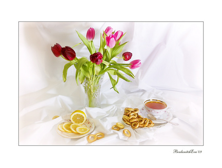 still life - nice, photography, tulips, still life, cool, harmony, drink, bouquets, tea, vase, cup, lemon, beautiful, tulip, flowers, photo, flower